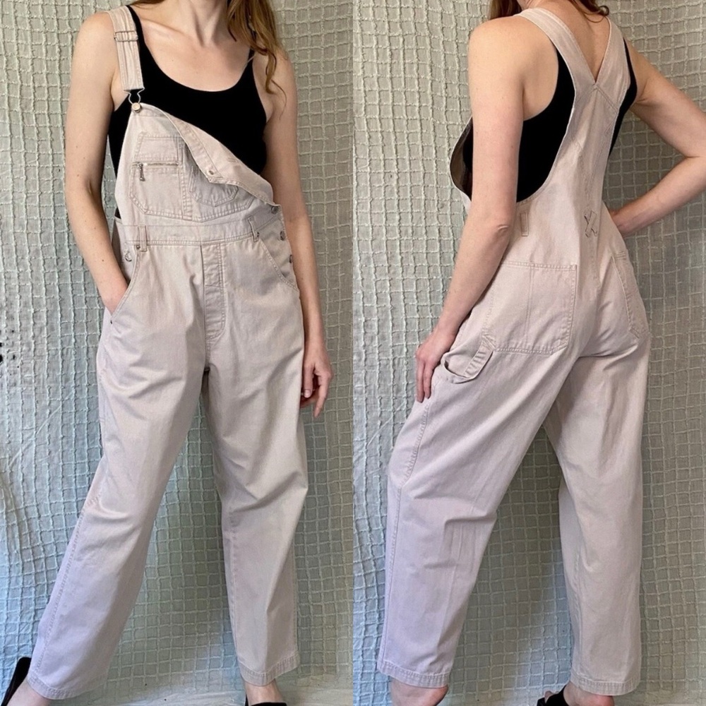Vintage Y2K Beige Khaki & Silver Cotton Denim Overalls by Fashion Bug size L